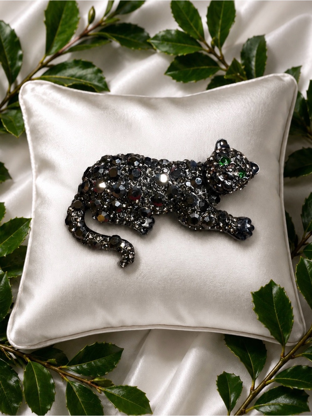 Brooch Cat Embellished Black Crystal Green Eyes Large Statement